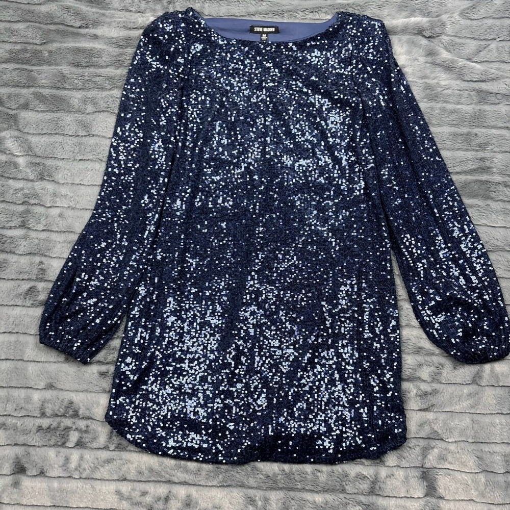Steve Madden Navy Blue Sequin Long Sleeve Shift Dress BL408439 Party Mini M